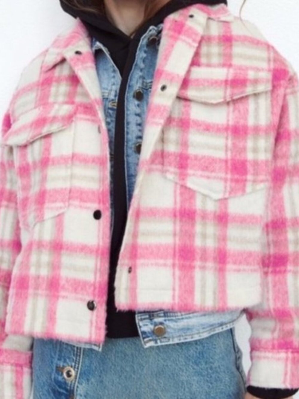 Zara Pink Cropped Plaid Shacket Size XS